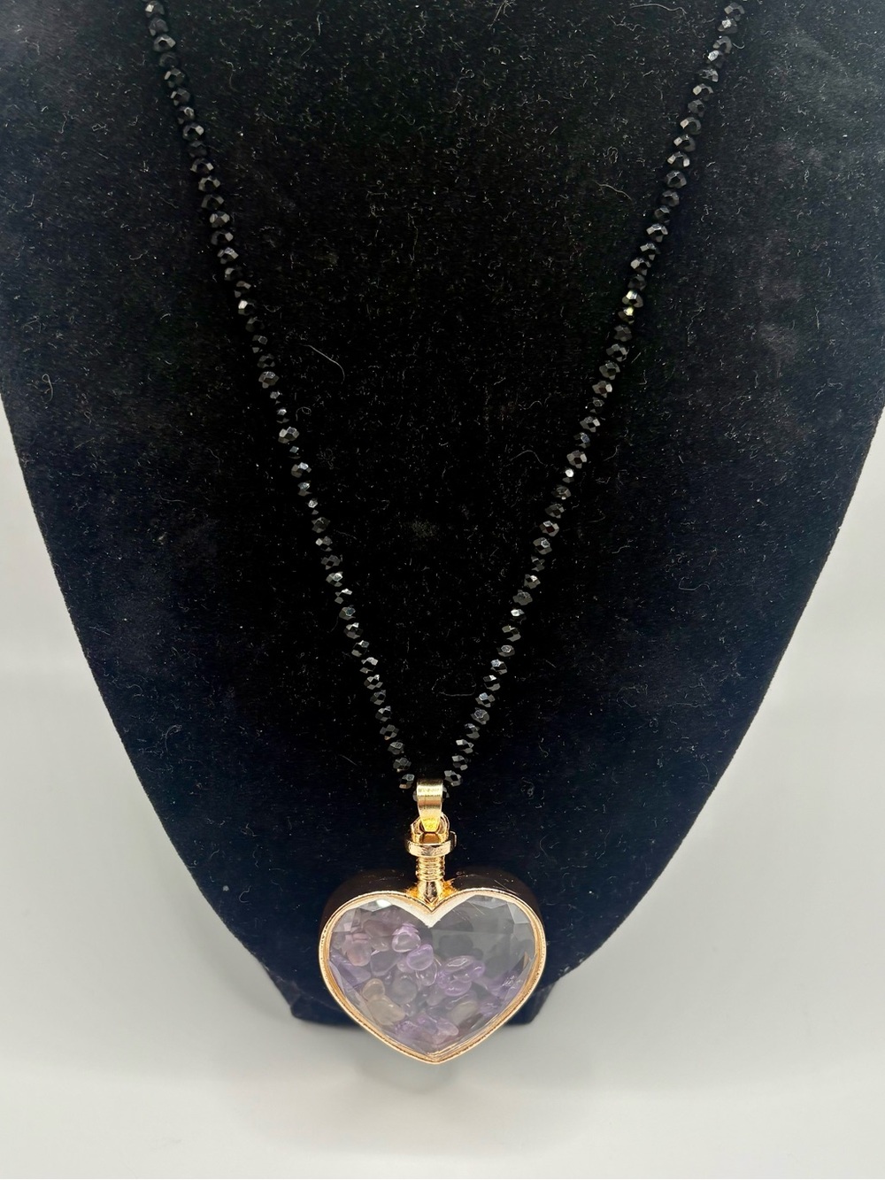 NEW Amethyst Gemstone Chip Heart Pendant Black Faceted Bead Necklace 18”